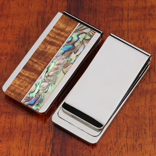 Stainless Steel Half Koa Wood Half Abalone Inlaid Money Clip