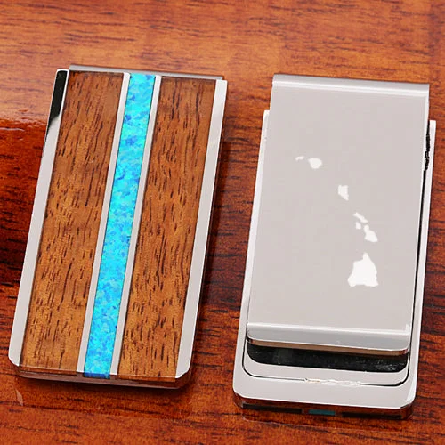 Stainless Steel Koa Wood and Opal Center Inlaid Money Clip