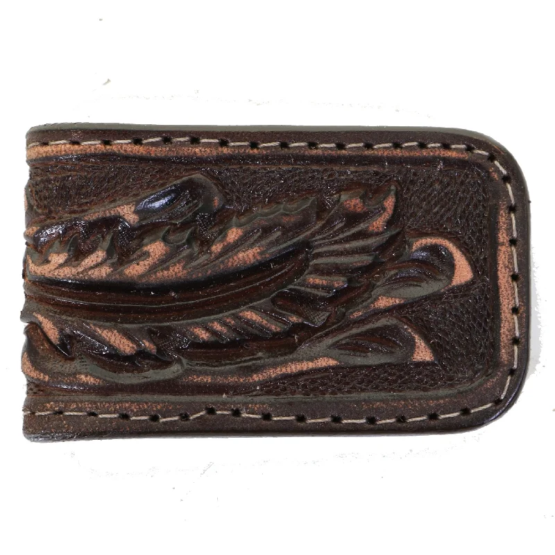 MCM14 - Brown Vintage Feather Tooled Magnetic Money Clip