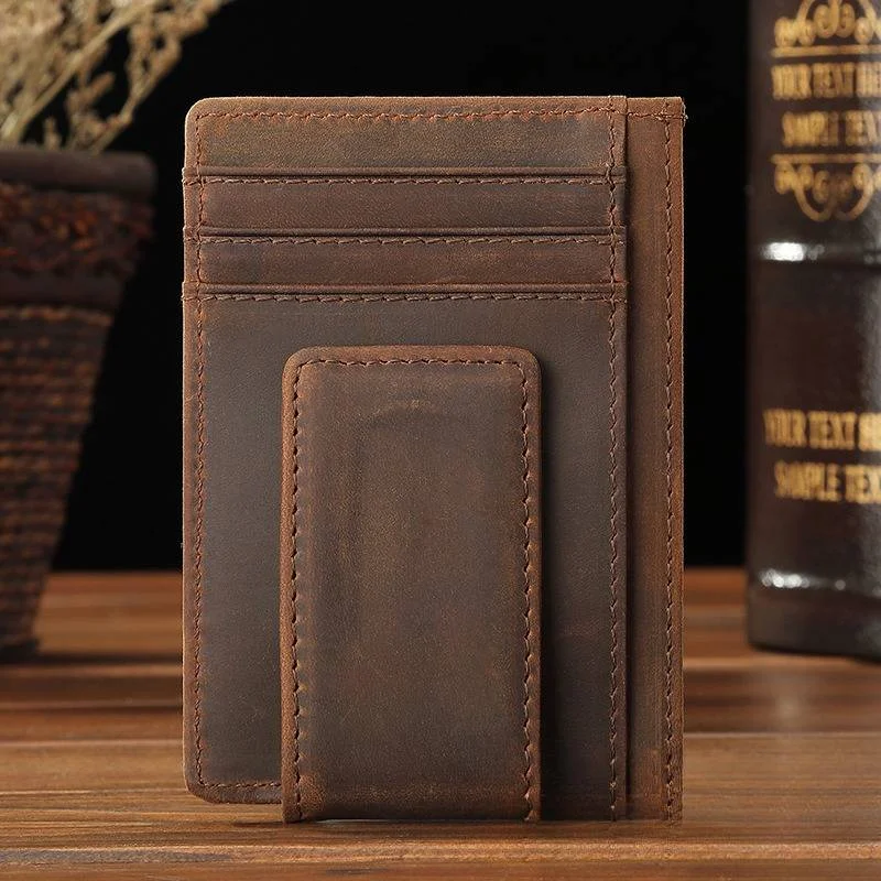 Minimalist Slim Leather Money Clip Card Holder