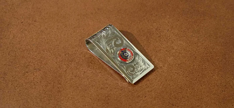 Red Cloisonne Small Texas State Seal  Button Fully Engraved Money Clip